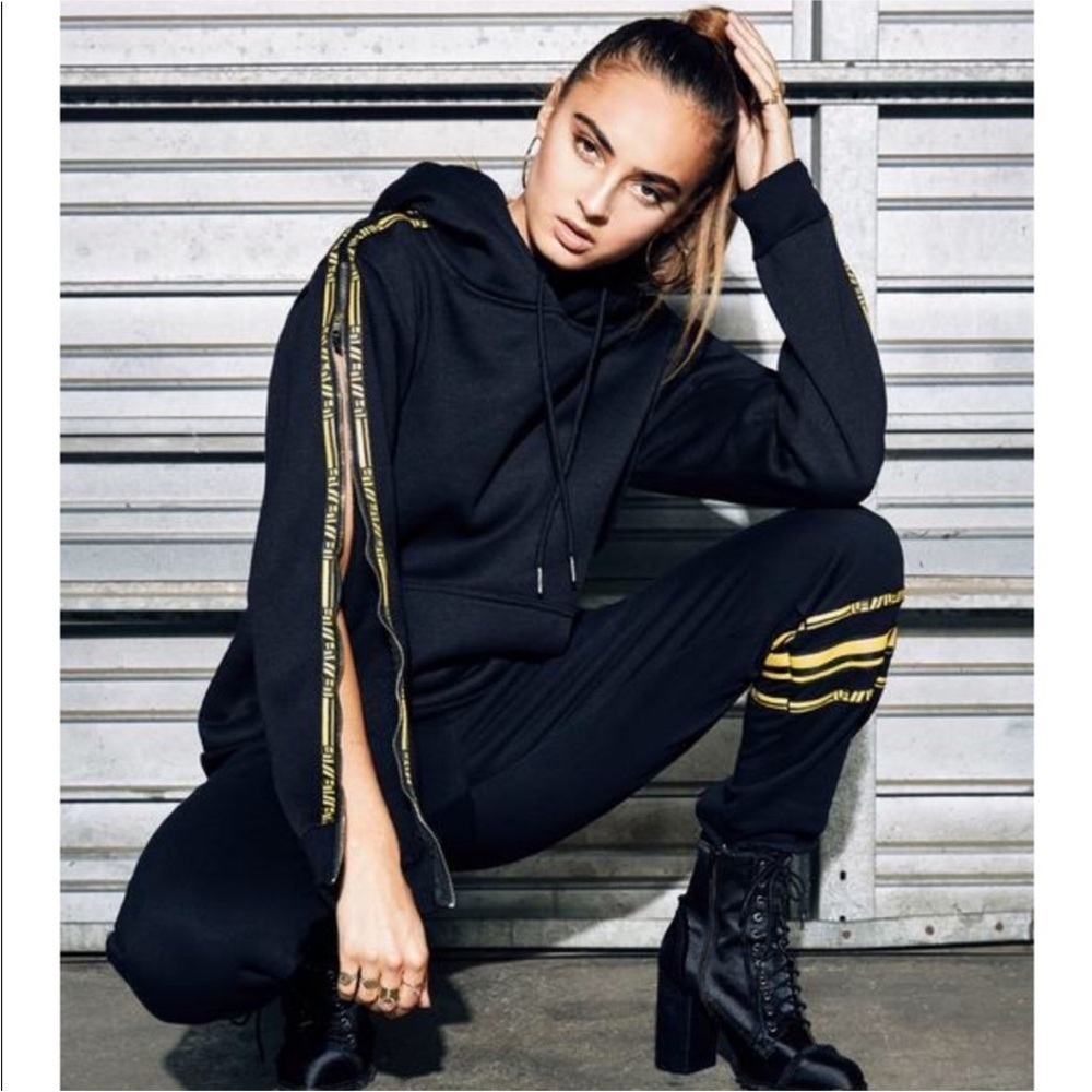 LF Black Hoodie Zipper Sleeves Yellow Details Sz Small Grunge Goth Punk